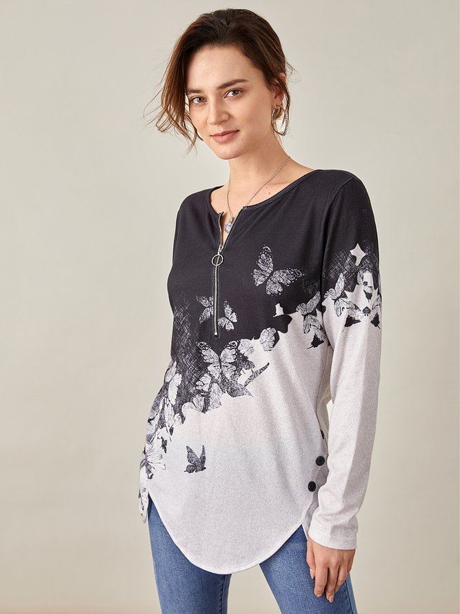 Casual Butterfly Cotton Blends Shirts & Tops