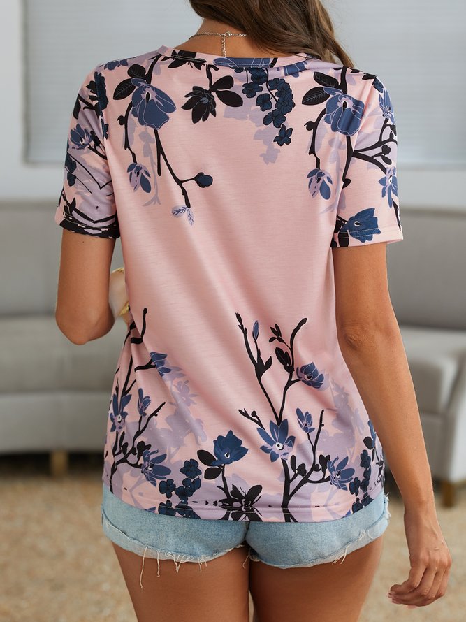 Casual Crew Neck Cotton Blends Short Sleeve Floral T-Shirt