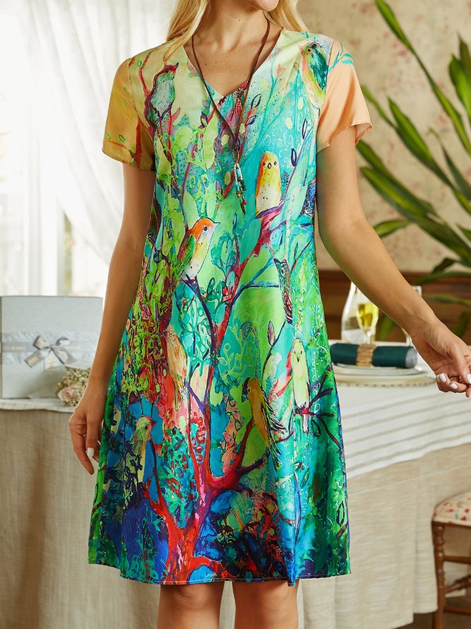 V Neck Casual Cotton-Blend Animal Little bird Printed Weaving Dress
