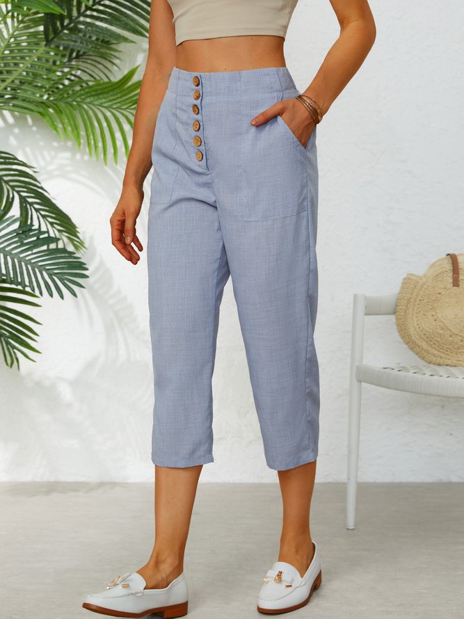 Casual Solid Color Cotton-blend Linen Cropped Trousers