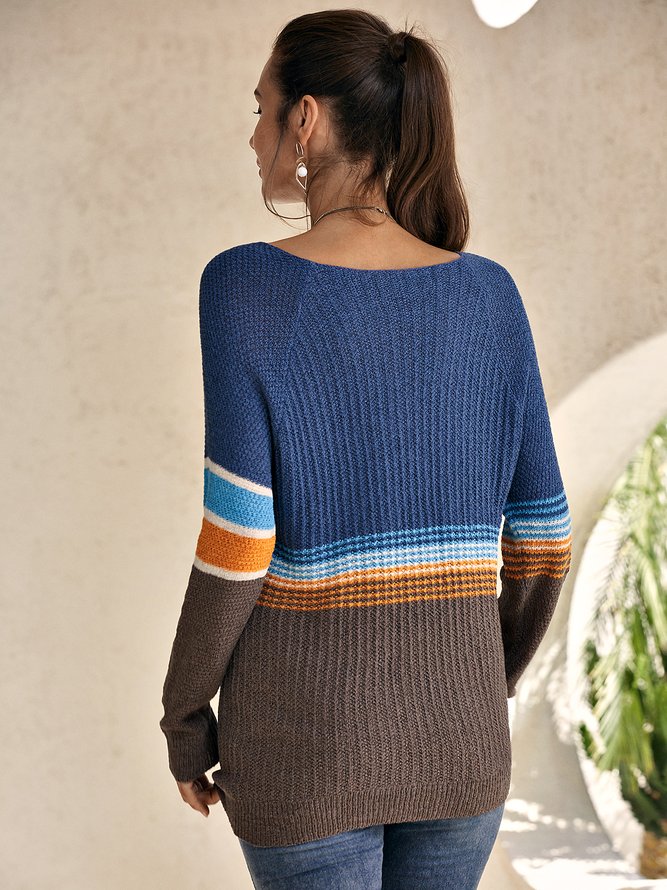 Stripes Casual Color-Block Crew Neck Sweater