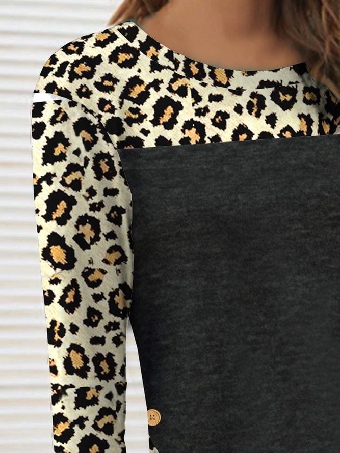 Casual Leopard Round Neck Long Sleeve T-Shirts & Tees
