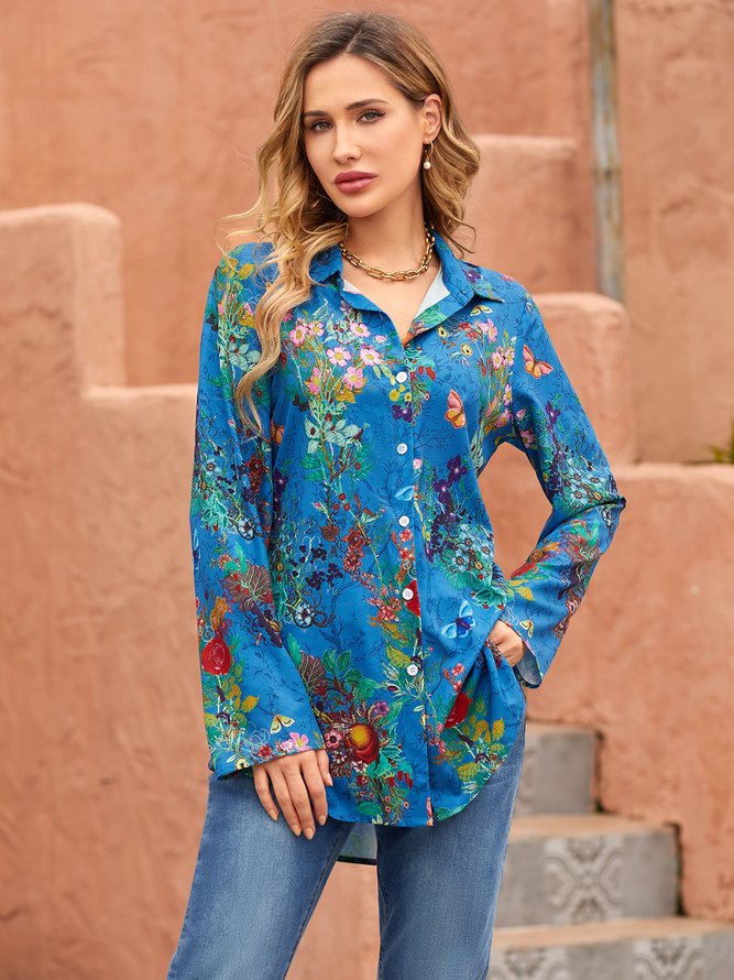 Long sleeved V-neck floral plant Print Blouse women's shirt