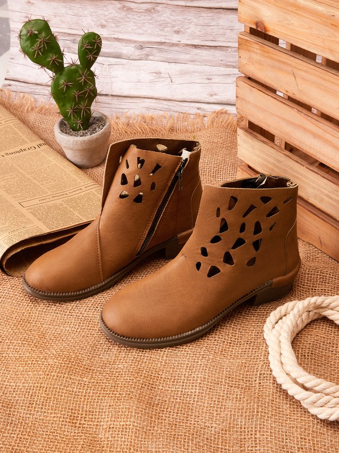 Vintage Rubbed Faux Leather Hollow Ankle Boots