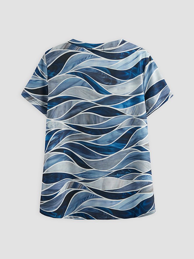Geometric V Neck Cotton Blends Short Sleeve T-shirt