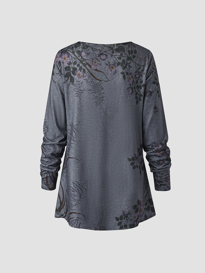 Floral Vintage Long Sleeve T-Shirt with Buttons Decor
