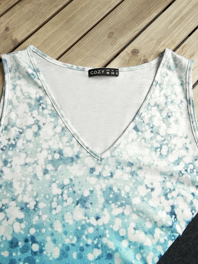 Floral-Print Sleeveless Casual Ombre/tie-Dye T-shirt