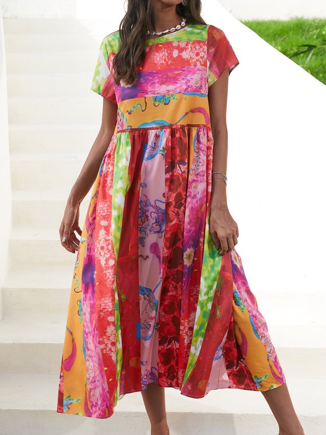 Short Sleeve Floral Cotton-Blend Weaving Dress