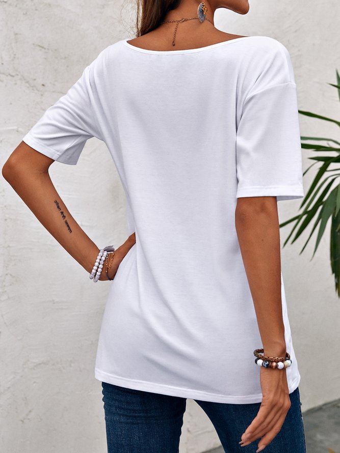 V Neck Short Sleeve Solid Casual T-shirt