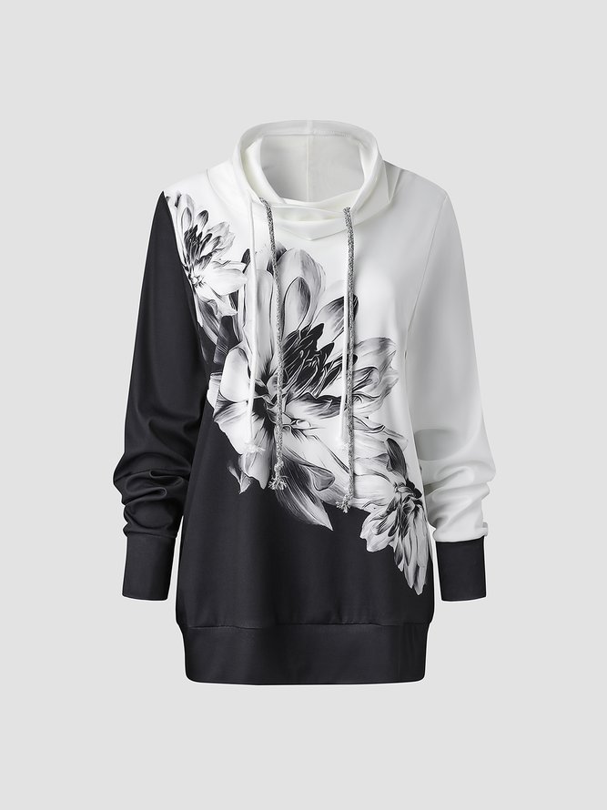 High collar pile collar Long Sleeve Black and white stitching printed flower blend top women's sweater