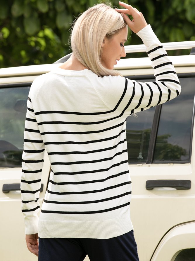 Casual Button Up Round Neck Long Sleeve Striped Sweater