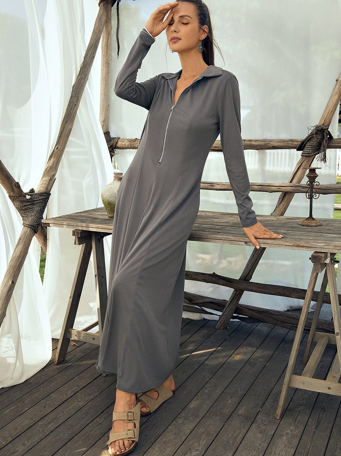Casual Cotton-Blend Crew Neck Shirred Dresses