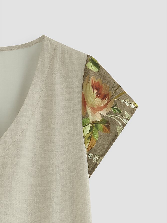 Honey Rose Floral Short Sleeve V Neck Cotton-Blend Dresses