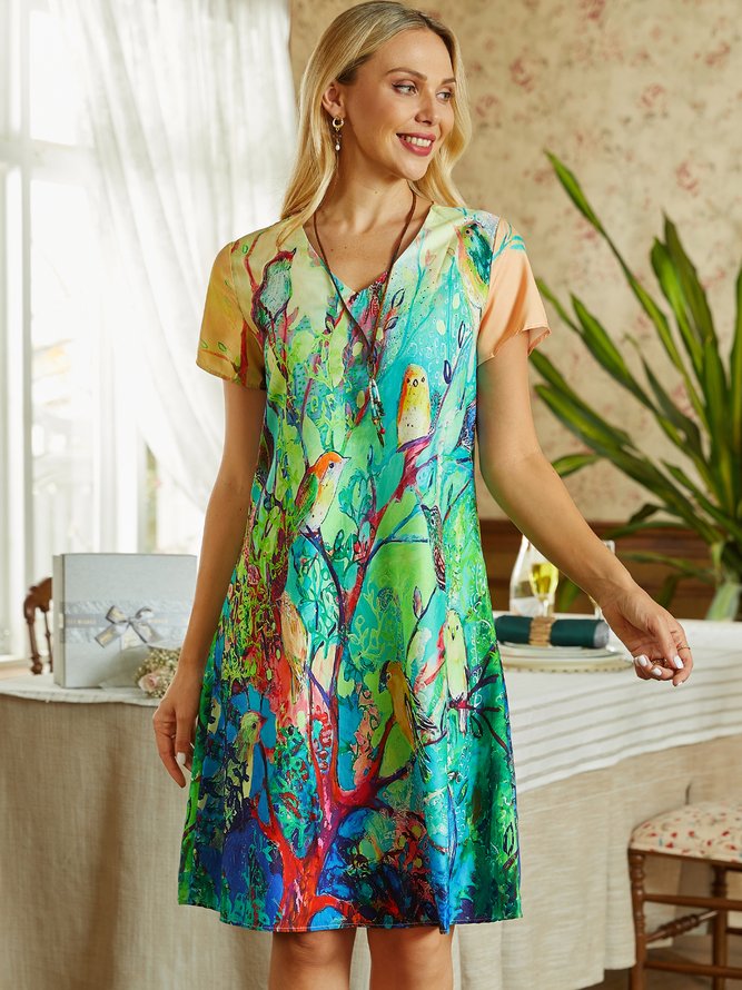 V Neck Casual Cotton-Blend Animal Little bird Printed Weaving Dress