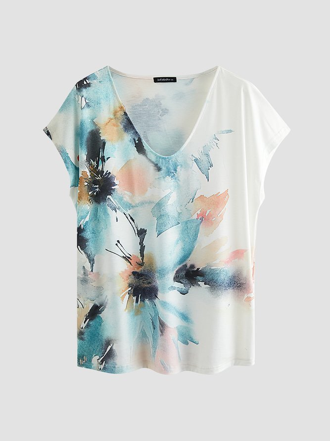 V Neck Floral Printed Shirt Sleeve T-shirt