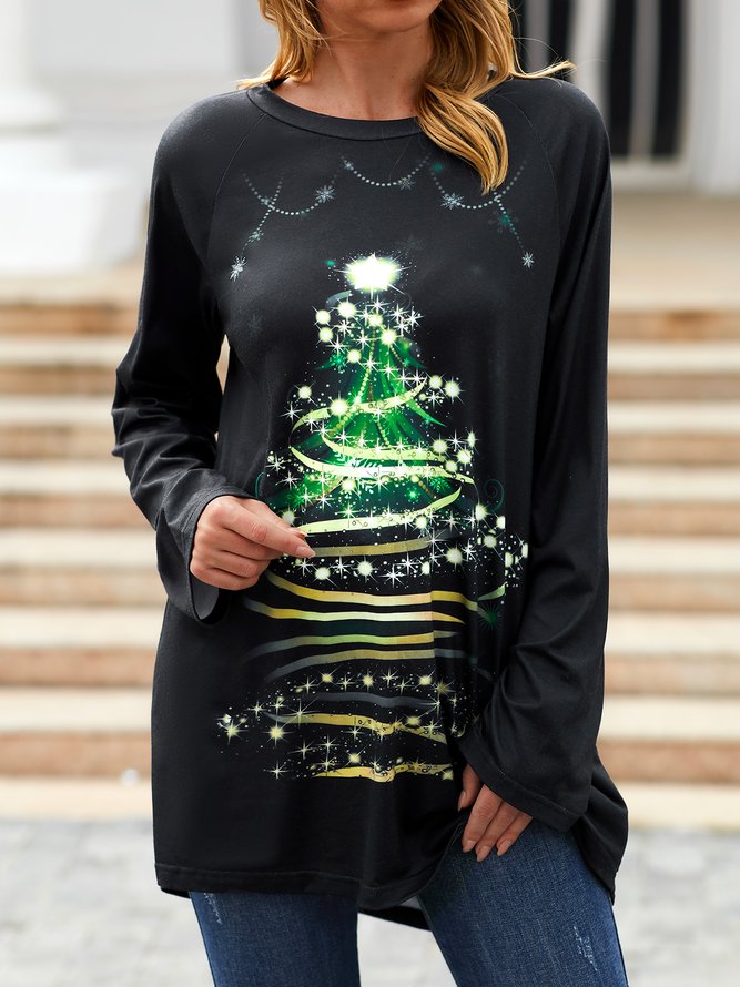 Cotton Casual Christmas Tree Round Neck Lovely Tunic Shirts & Tops