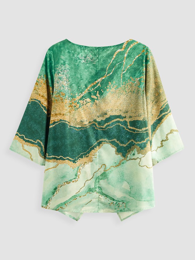 Daily gradient geometric marble pattern linen loose nail button top Plus Size