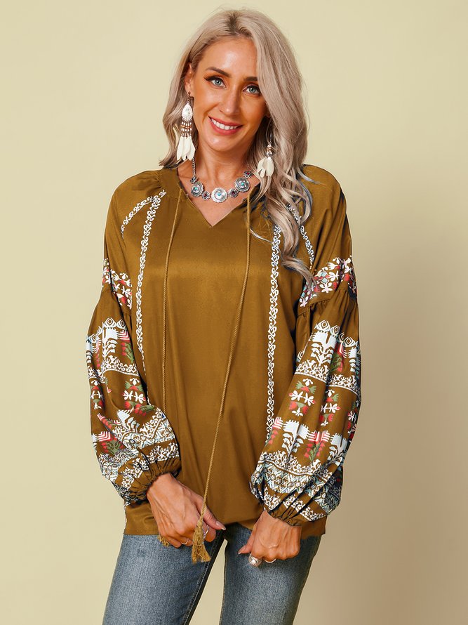 Long Sleeve V Neck Casual Floral Top