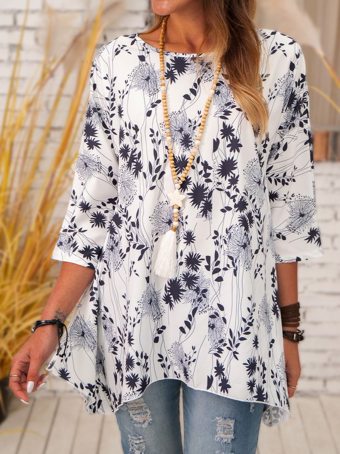 Floral-Print 3/4 Sleeve Casual Shirt & Top