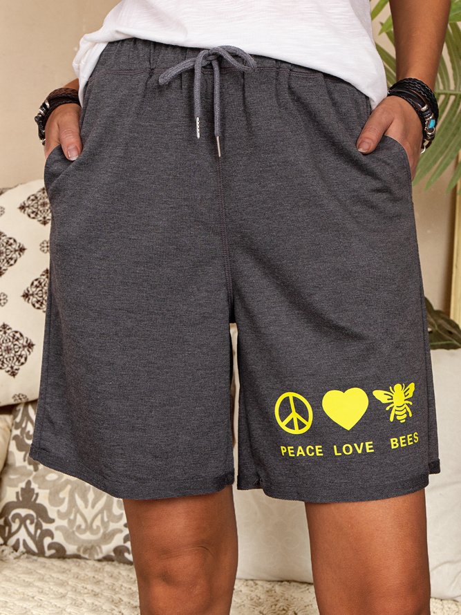 Peace Love Bees Slogan Printed Jersey Casual Short Pants