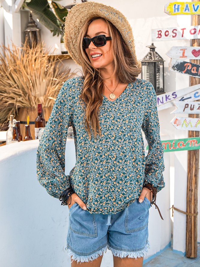Long Sleeve Floral-Print Casual Top