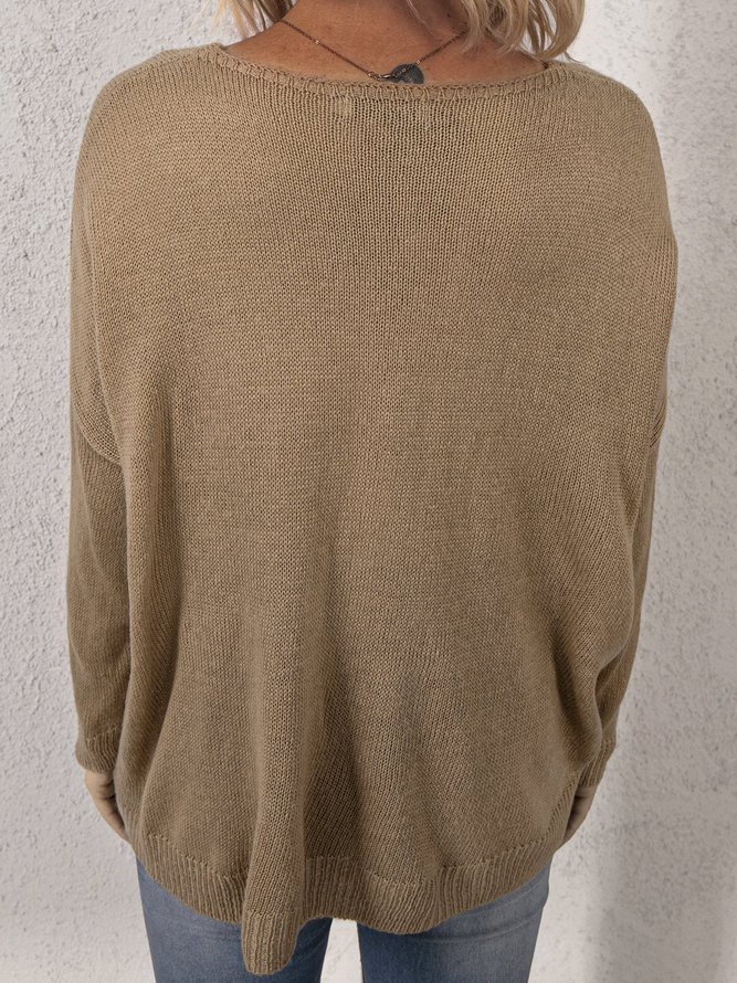 Khaki V Neck Shift Casual Plain Sweater