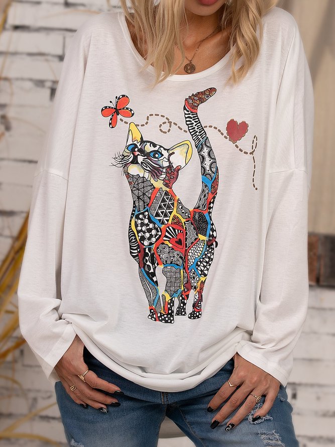 Casual Printed Cotton-Blend Crew Neck Tops