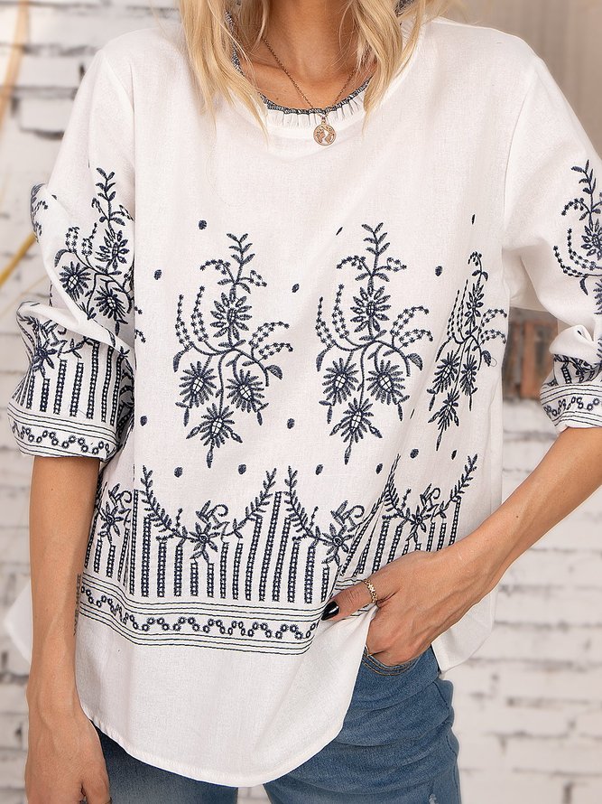 White Embroidered Long Sleeve Tops