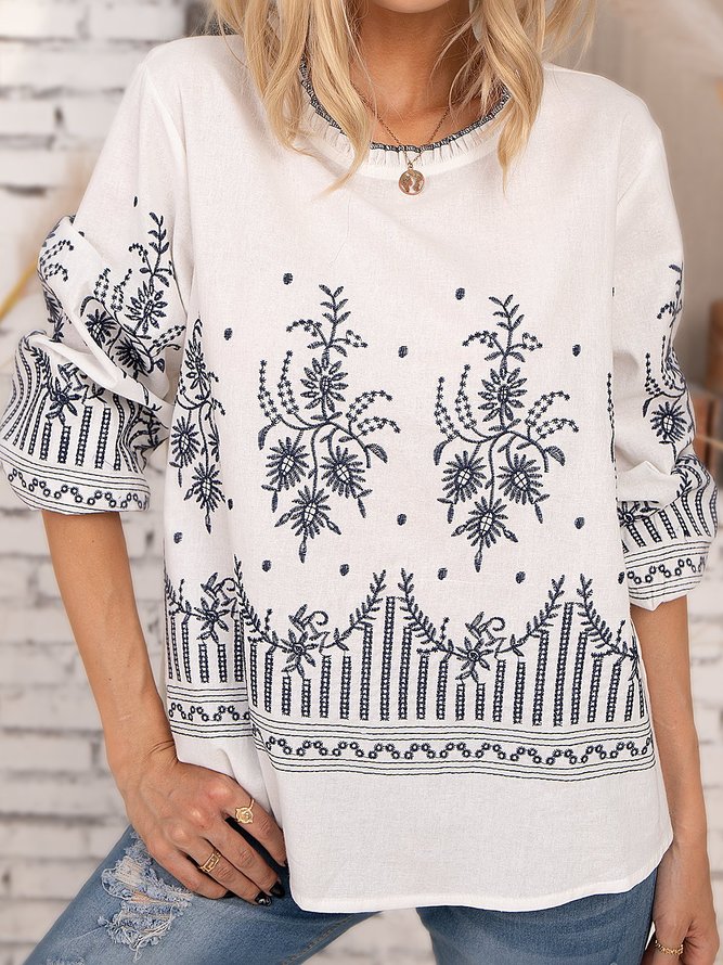 White Embroidered Long Sleeve Tops