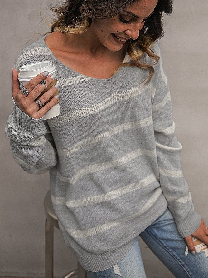 Light Grey V Neck Casual Long Sleeve Sweater