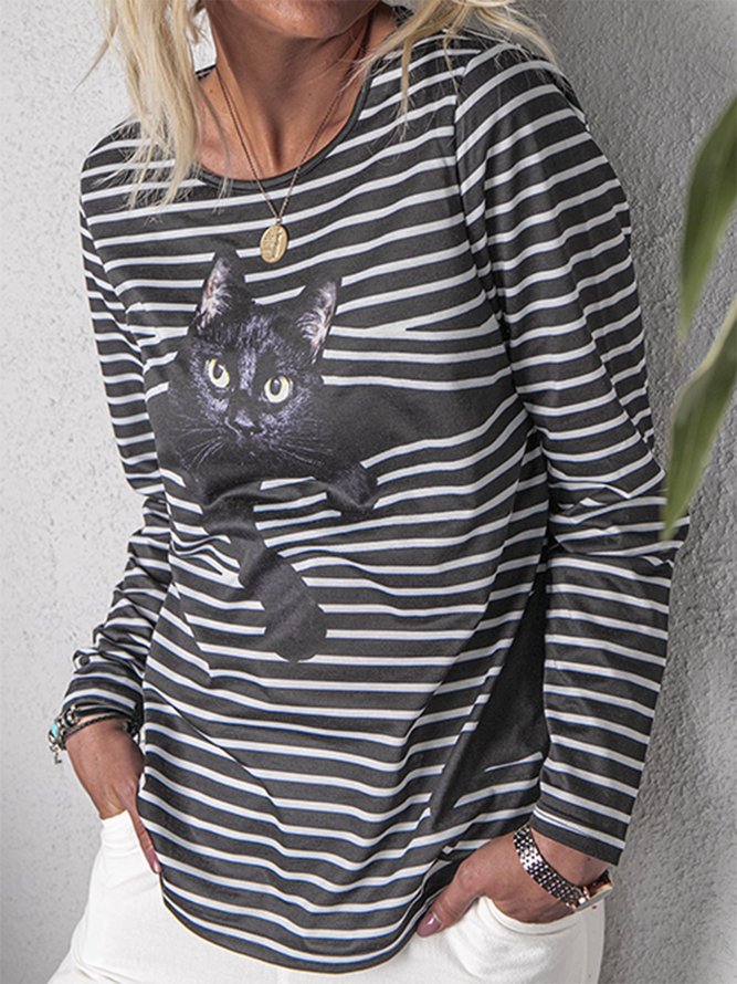 Women's Long Sleeve T-Shirt with Cat Pattern