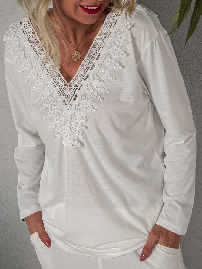 Long Sleeve V Neck Solid Casual Top