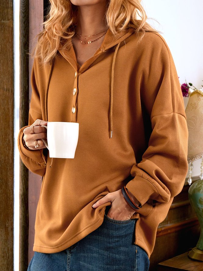 Casual Winter Solid Buttoned Knitted Fabric Long sleeve Loose Hooded H-Line Sweatshirts for Women