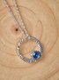 Vintage Silver Blue Crystal Geometric Embossed Necklace Ethnic Boho Jewelry