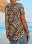 Holiday gradient flower half open button loose pleated top T-shirt Plus Size tunic