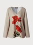 Casual Floral Design Loose V-Neck Knit Long Sleeve T-Shirt