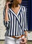 Striped V Neck Casual Tops - Blouses
