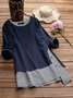Women Fake Two Picese Stripe Patchwork  Long Sleeve Casual T-shirt