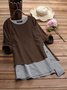 Women Fake Two Picese Stripe Patchwork  Long Sleeve Casual T-shirt