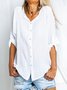 White Casual Linen Solid V Neck Blouse