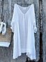 Casual Linen V-Neck 3/4 Sleeve Solid Plus Size Bat Sleeve Tops Tunics