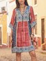 Plus Size Women Half Sleeve V-Neck Vintage Floral Casual Bohemian Embroidered Midi Dress
