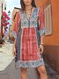 Plus Size Women Half Sleeve V-Neck Vintage Floral Casual Bohemian Embroidered Midi Dress
