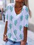 Cactus Print Casual T-Shirts Women's Round Neck Short Sleeves Tops