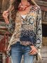 Cotton-Blend Long Sleeve V Neck Casual Top