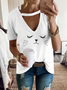 Cat Printed Short Sleeve Cutout Casual T-shirt