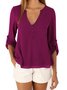 V-Neck 3 4 Sleeve Buttoned Casual Solid Chiffon Plus Size Blouse