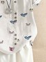 White Crew Neck Floral-Print Short Sleeve Linen Tops