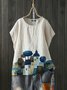 White Abstract Short Sleeve Vintage Tops