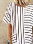 White Striped Short Sleeve Cotton-Blend Crew Neck Weaving Dress